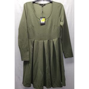 White Mark Dress Large Olive Green Long Raglan Sleeve Fit Flare Scoop Neck Midi